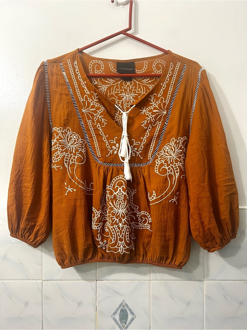 Women’s Puff Half Sleeve Top S Boho Peasant Cotton Embroidered Western Oversized